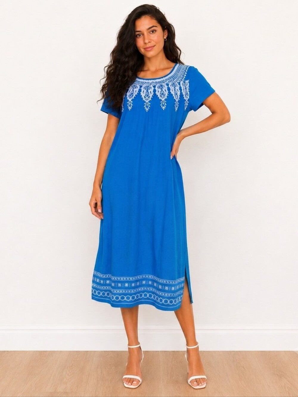 American Sweetheart Blue Embroidered Cotton Boho Coastal Midi Dress Size L